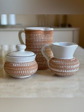 Mid Century Modern Geometric pattern White Glazed pottery set